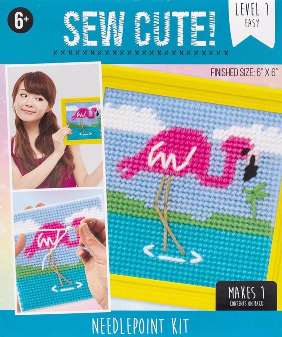 DIY Sew Cute Pink Flamingo Kids Beginner Needlepoint Kit w Frame 6" x 6"